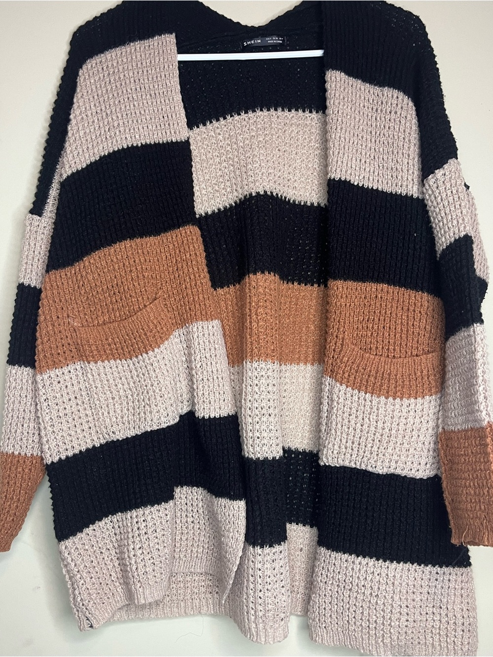 SHEIN Black, Cream & Brown Striped Open-Front Knit Cardigan